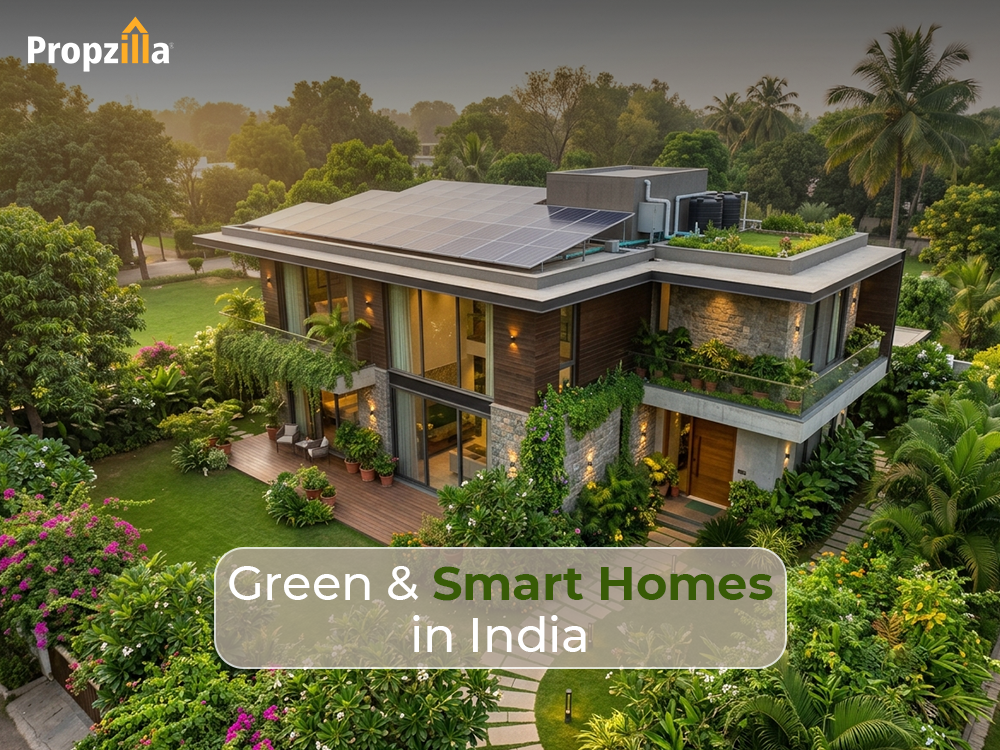Modern green smart home in India featuring solar panels, rainwater harvesting, smart automation, energy-efficient design, and sustainable landscaping