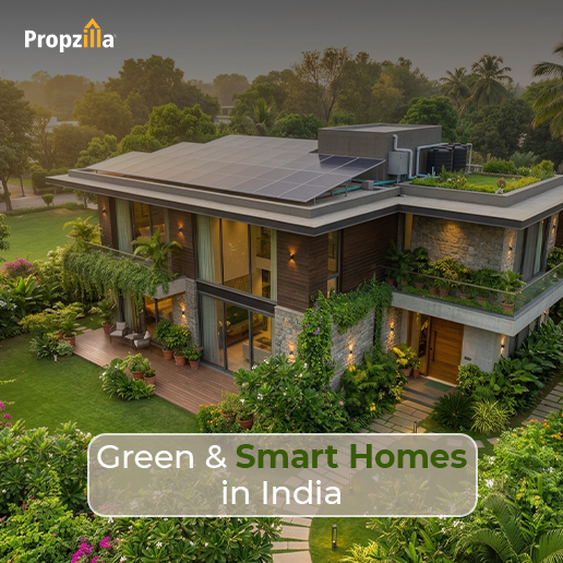 Eco-friendly smart home in India with solar panels and green landscaping
